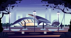 Night city of arts and Sciences in Valencia. Vector cartoon illustration